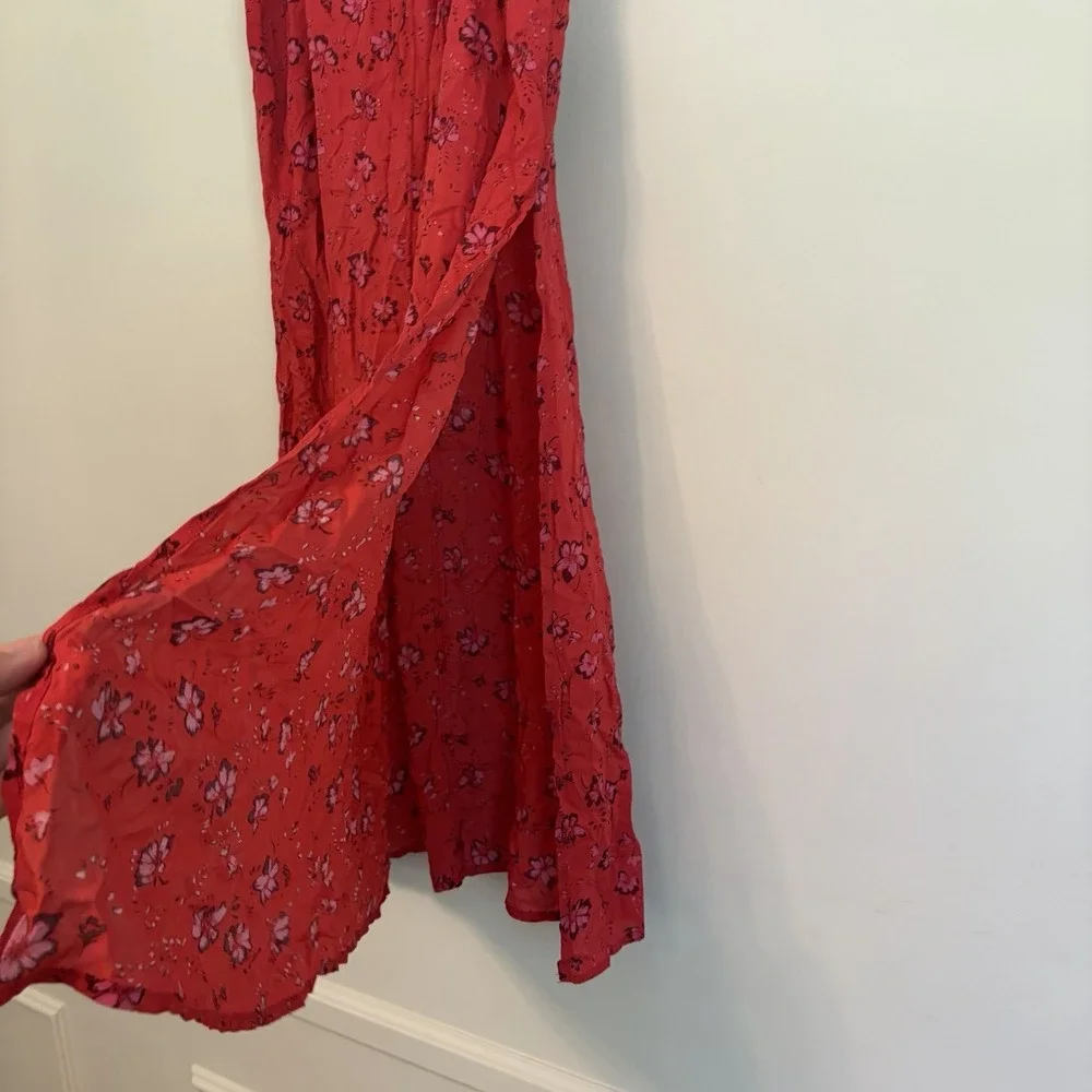 Free People Bijou Midi Red Floral Skirt Sz 6 Resort Feminine Zipper High‎ Slit